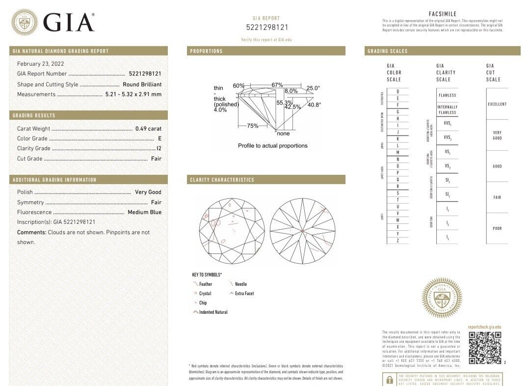GIA Certified .49ct Natural Round Diamond solitaire ring E/I2