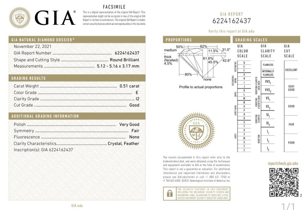 GIA Certified .51ct Natural Round Diamond solitaire ring E/I2 + Band