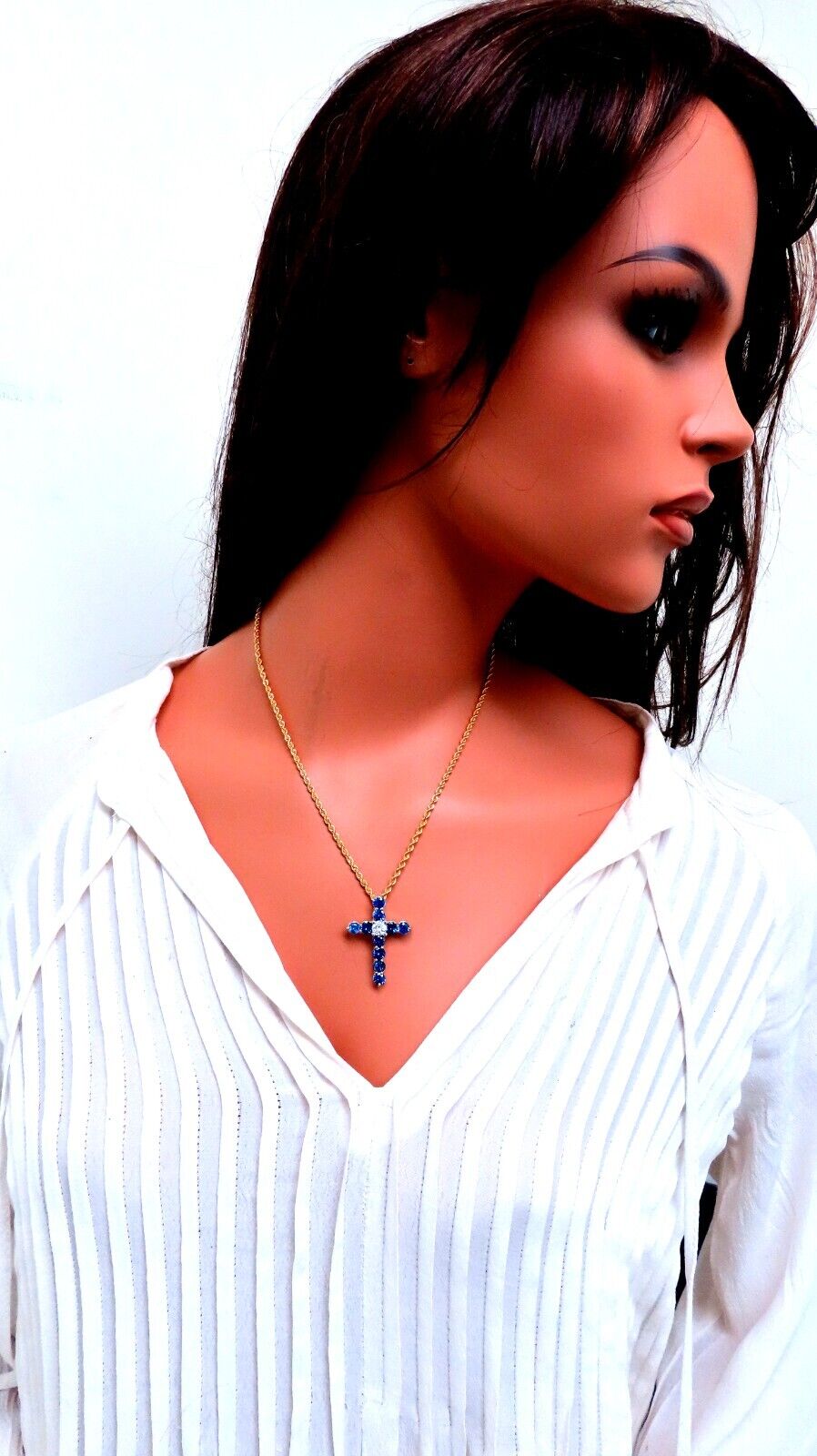 GIA Certified 1.00ct Natural Round Diamond Sapphire Cross Necklace 14kt