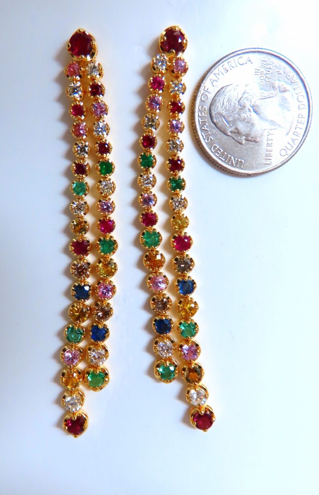 6ct Sapphire Emerald Ruby Diamonds Double Tier Dangle Earrings 14kt H/Vs