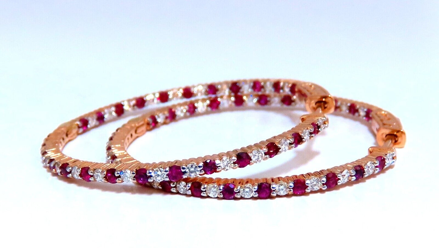 2.30ct natural Ruby diamonds hoop earrings 14kt rose gold inside out