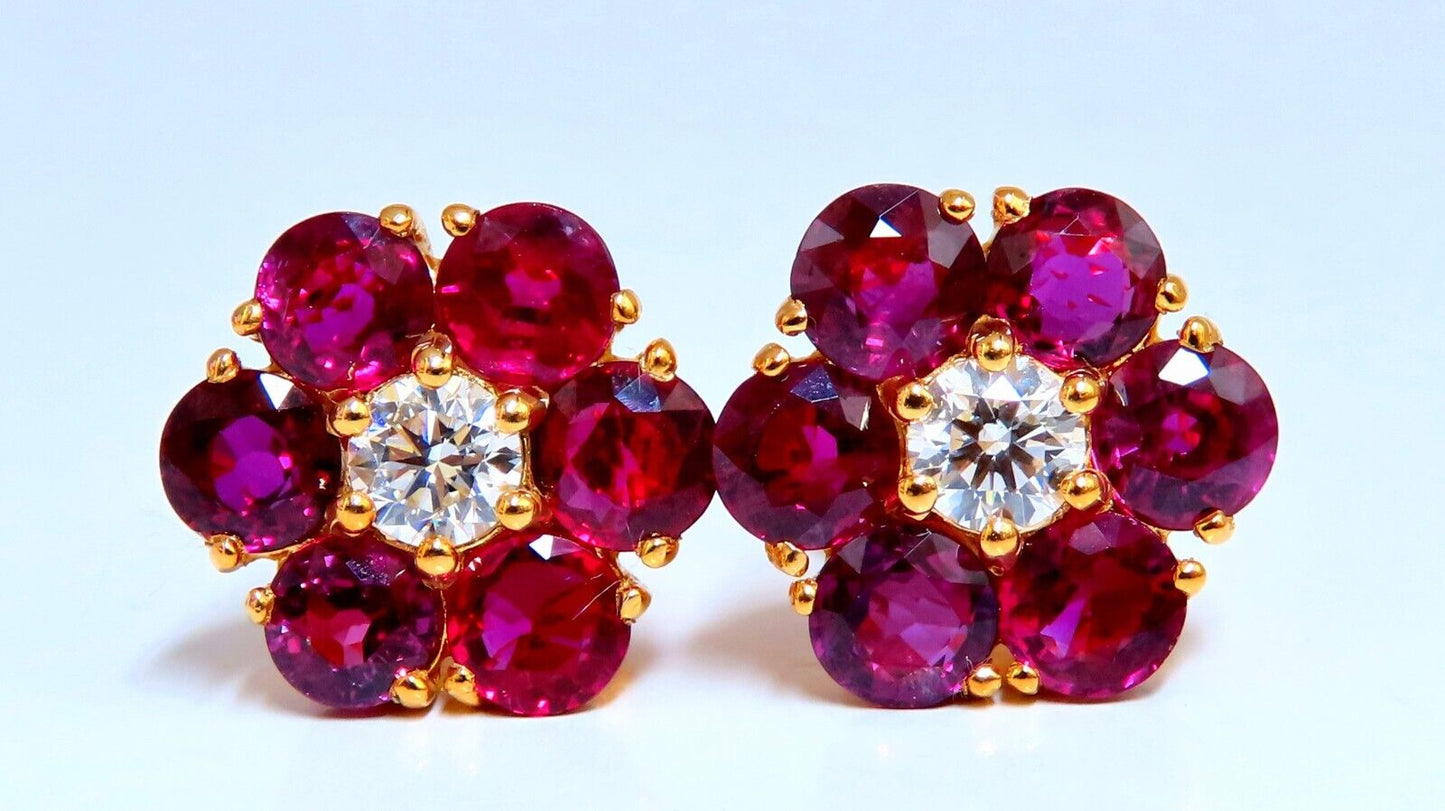 6.12ct Natural Ruby Diamonds Cluster Stud Earrings 14kt