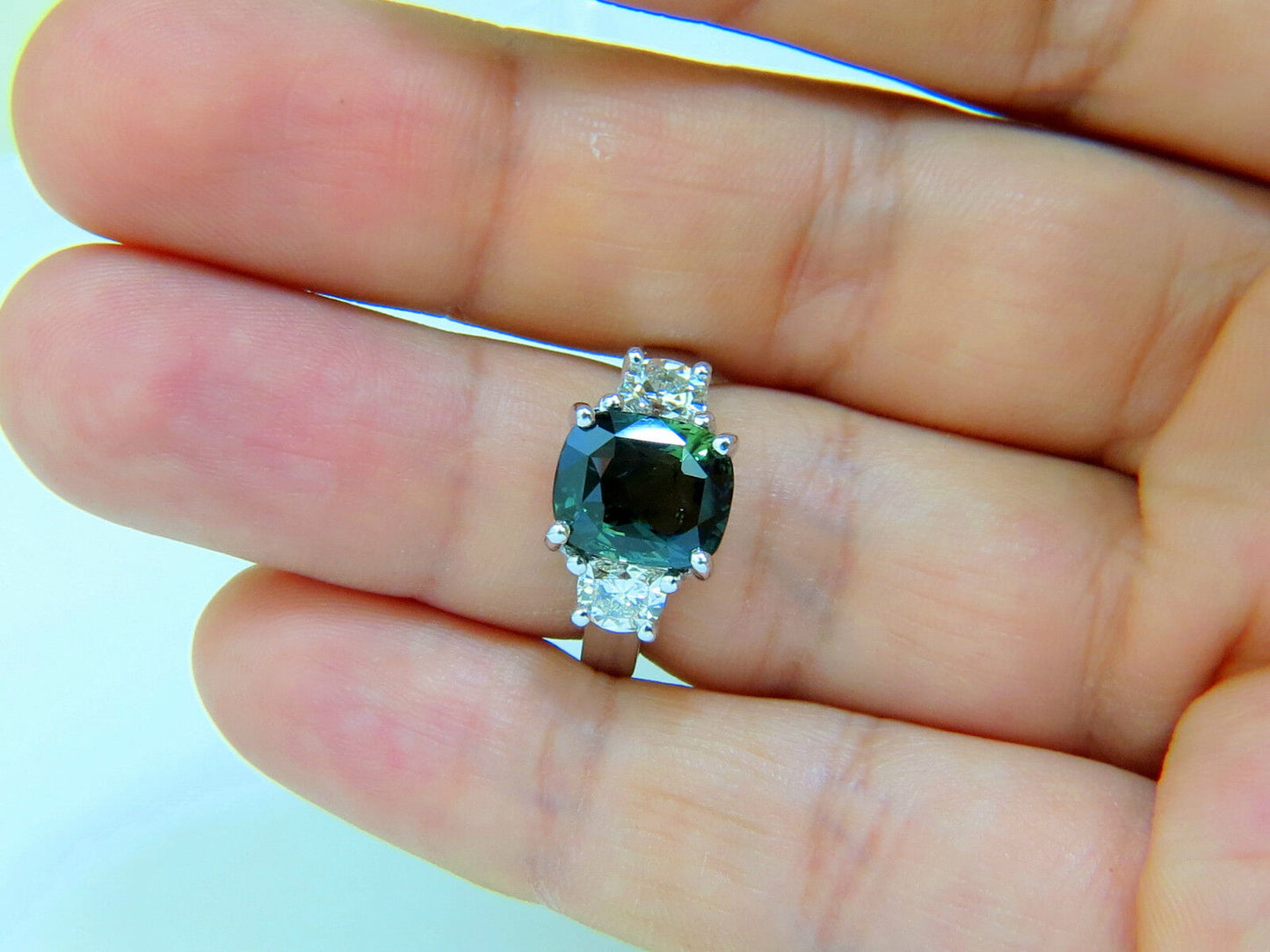 Certified 6.96CT No Heat Natural Green Sapphire Diamond Ring Unheated