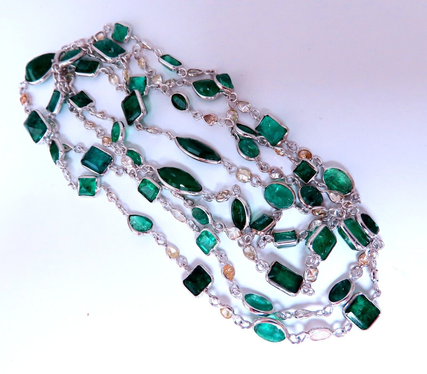 18.50ct. Natural Emeralds Diamonds Yard Necklace 14kt