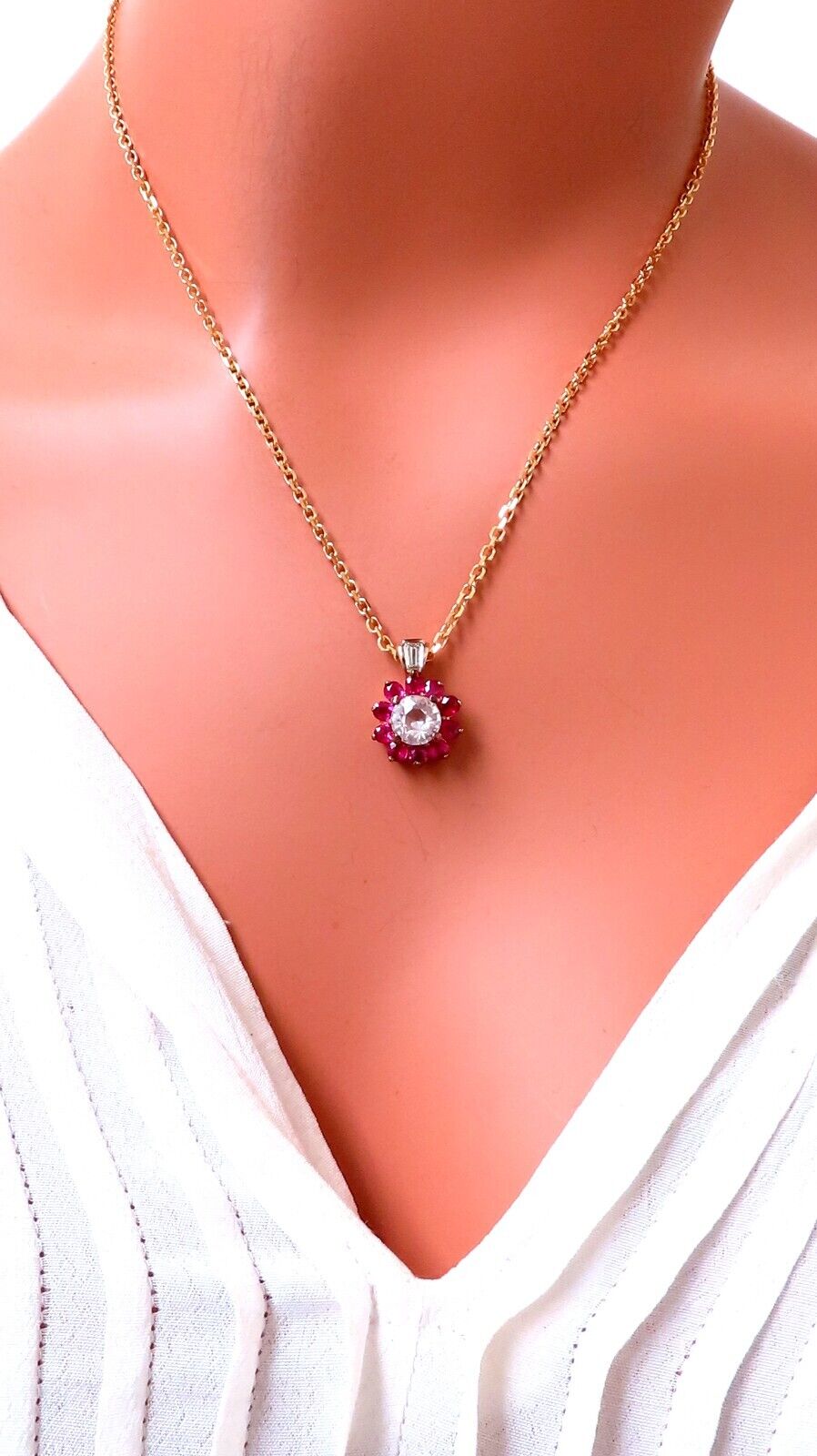 4.27ct natural pink sapphire ruby diamonds necklace 14kt+