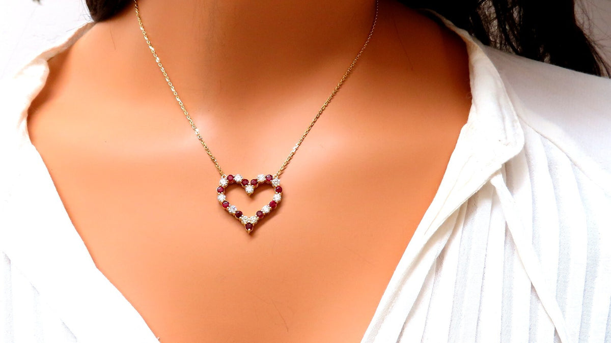 2.20ct Natural Red Ruby Diamond Open Heart Necklace 14 Karat *v
