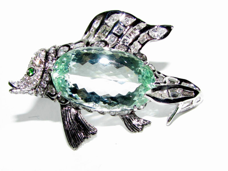 GIA 57.37CT NATURAL GREEN BERYL FISH BROOCH PENDANT 18kt *v