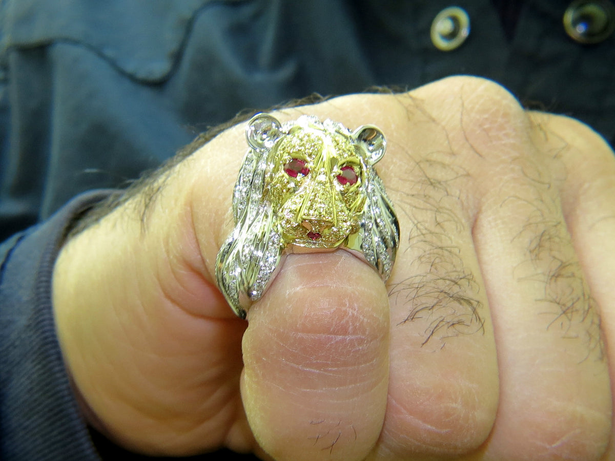 18KT ITALY UNISEX HUGE 3.40CT NATURAL DIAMONDS RUBY LION RING *v