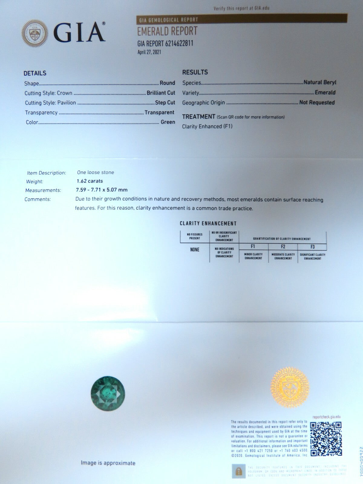 GIA Certified: 1.62ct Natural Emerald Diamonds Ring 18kt (F1) *v