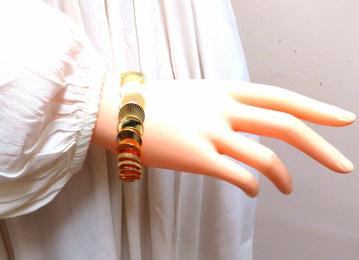 Vintage Circular Disc & Ray Link Bracelet 14kt Gold *v