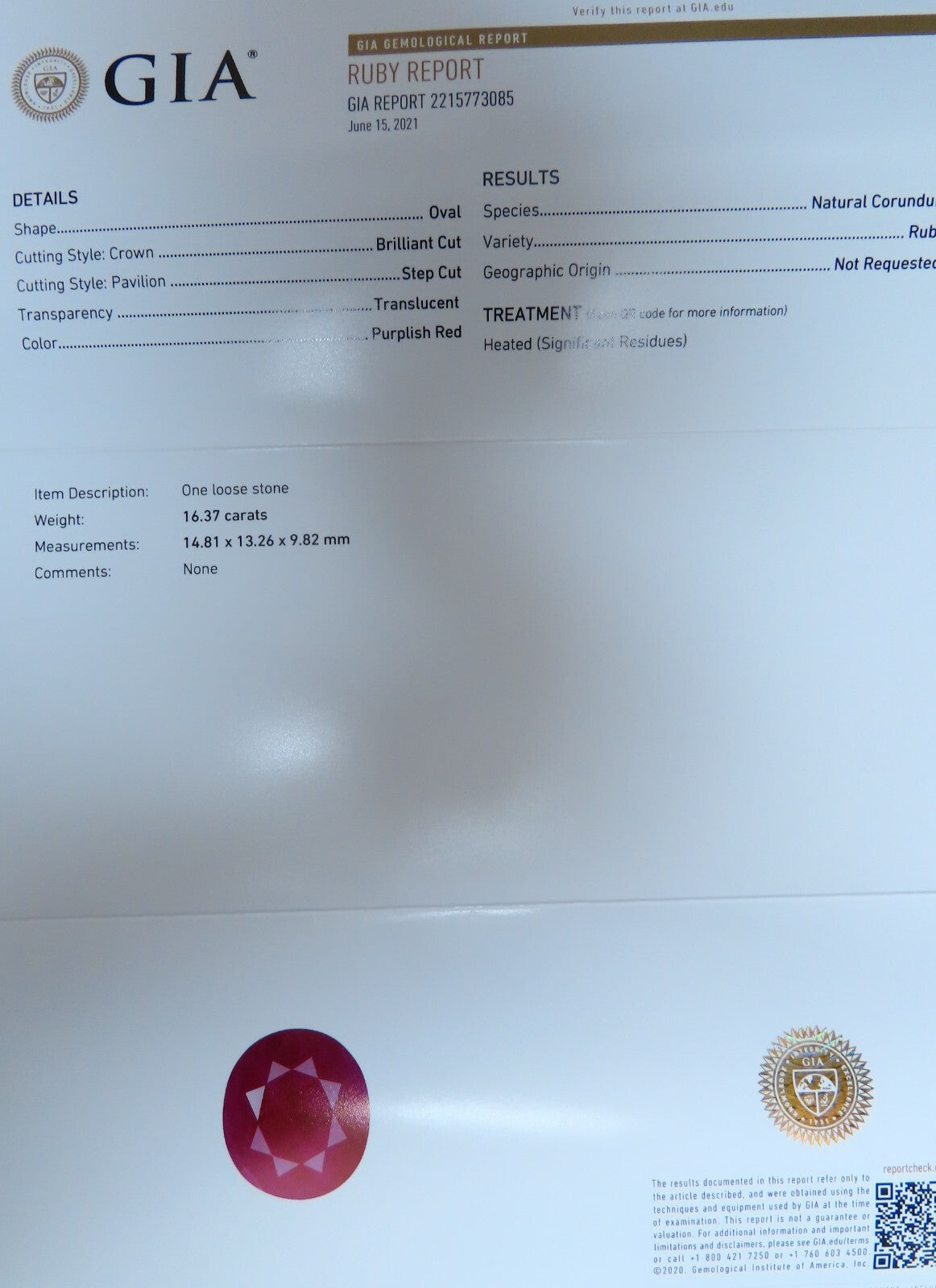 GIA Certified 16.37ct natural Ruby Diamonds Ring 14kt *v