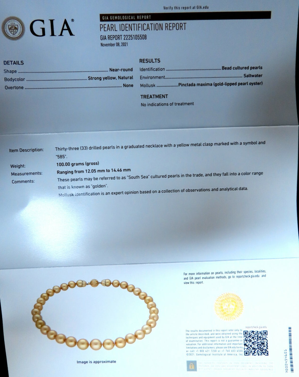GIA certified Natural South Sea Golden Pearls Necklace 14mm *v