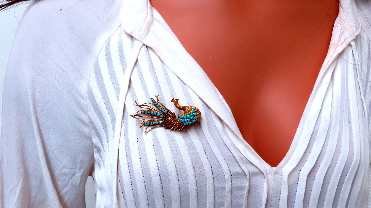 18kt Gold Natural Turquoise Peacock Pin Vintage *v