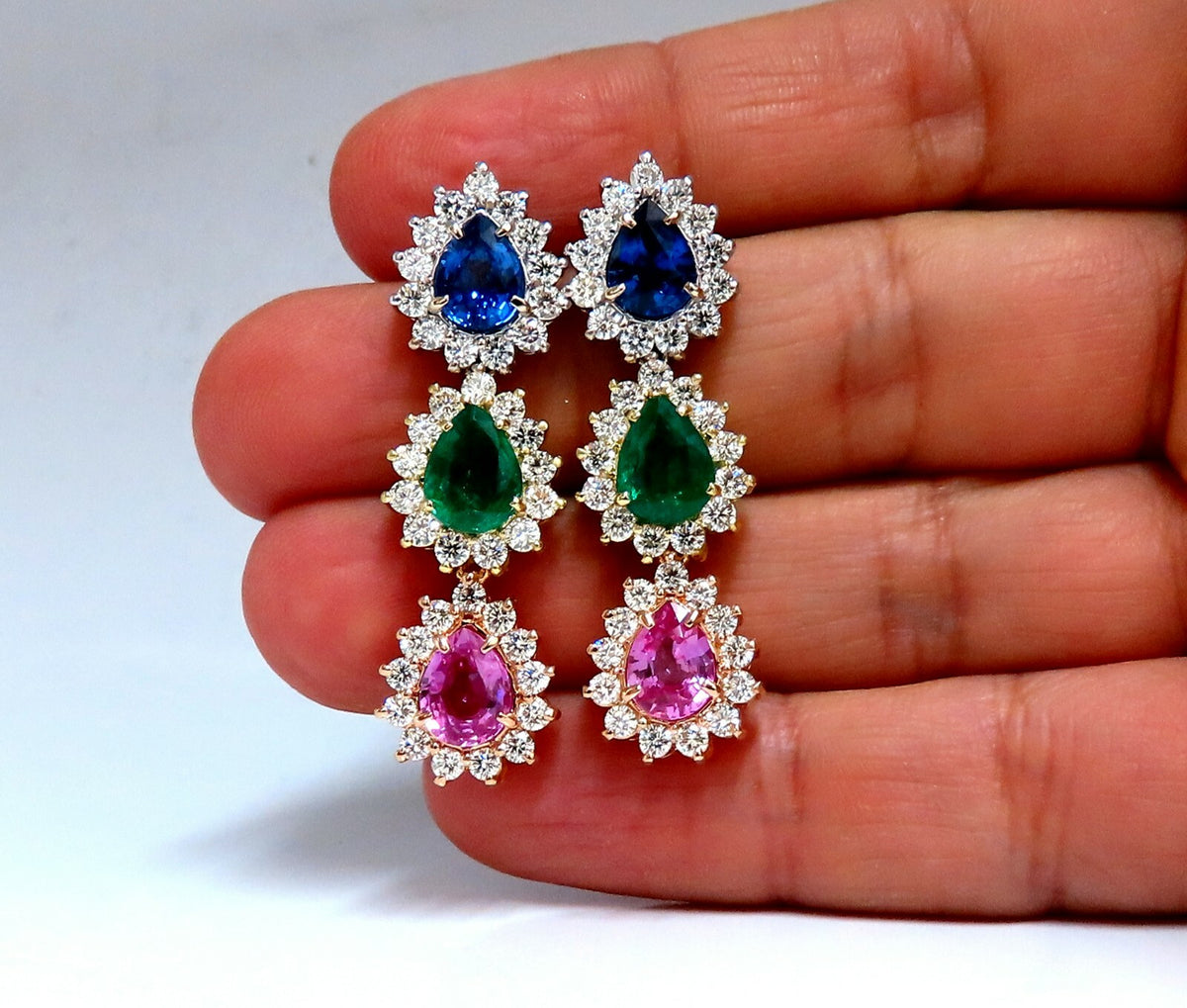 13.24ct Natural Emeralds & Sapphires Three Tier Dangle Earrings 18 Karat Pear *v