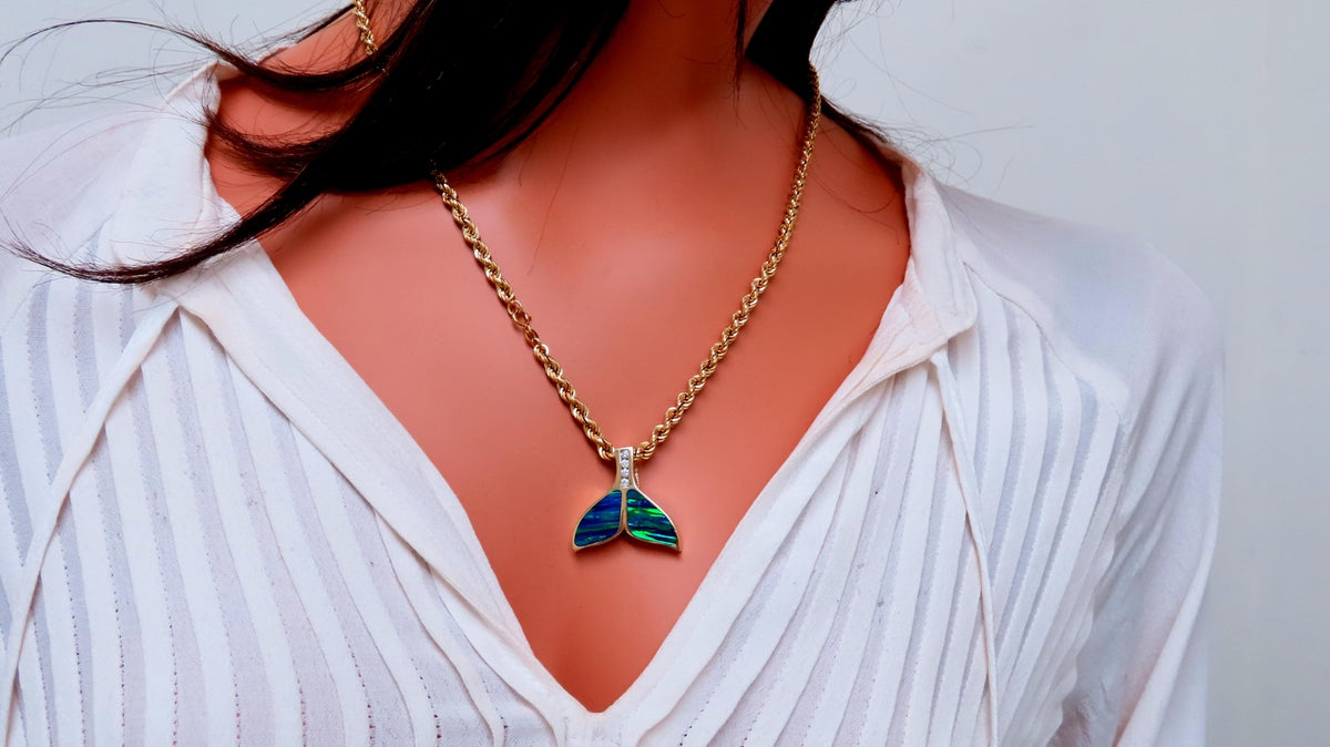 Opal Large Whale Tale Rope Chain Necklace 14kt Gold 12513 *v