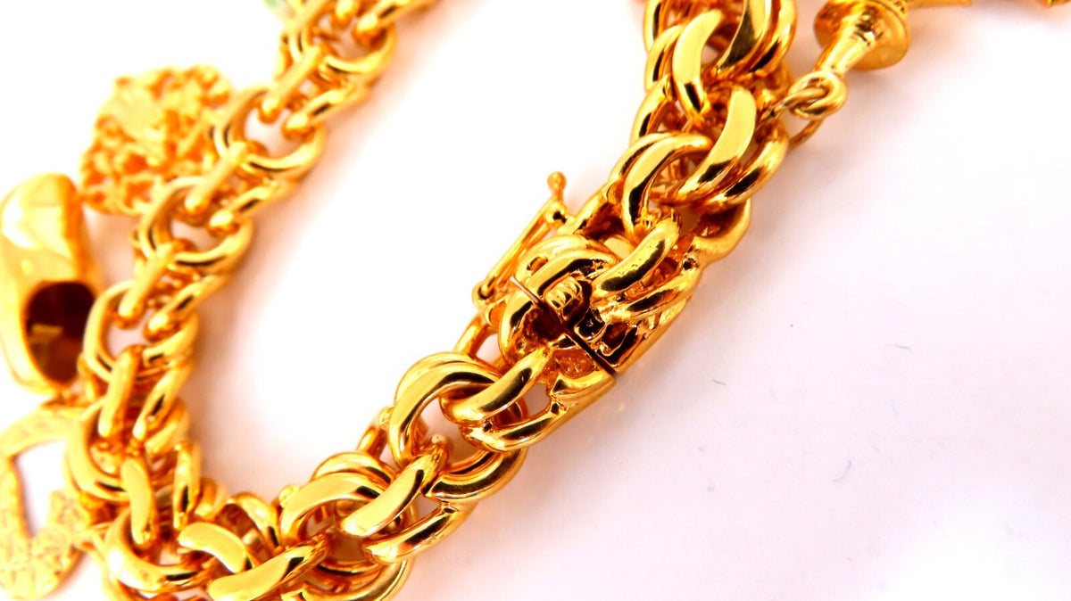14kt 10 Charm Bracelet Fairy Horn Irish Lock Cross Jade Mary Slipper Heart *v