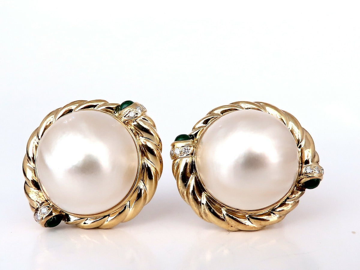 18.4mm Mabe Pearls .80ct emerald Clip Earrings 18kt Gold *v
