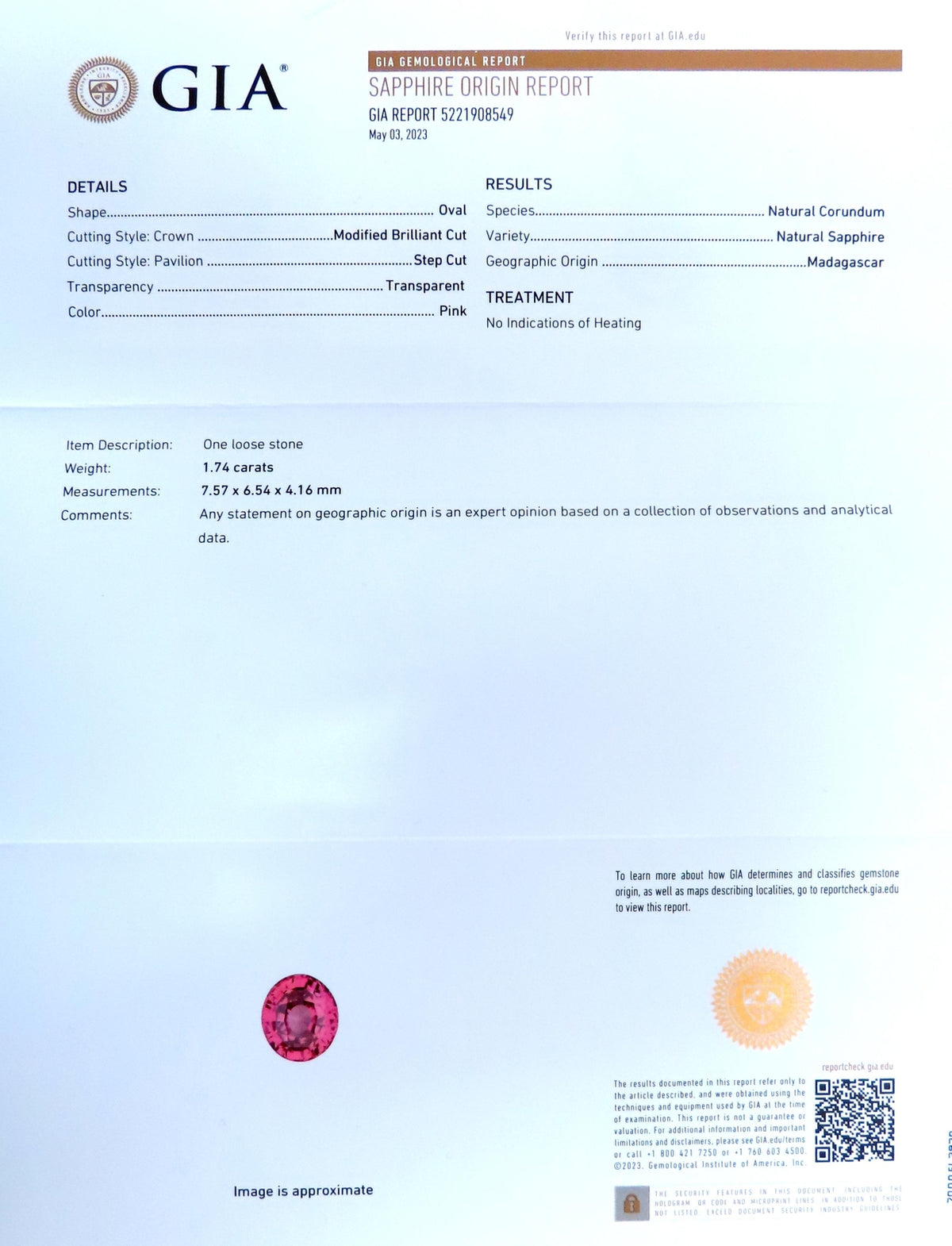GIA Certified 1.74ct Natural No Heat Pink Sapphire Ring 18kt Gold 12411 *v