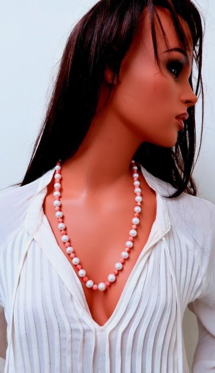 10mm freshwater Pearl Coral necklace 14kt Gold 12246 *v
