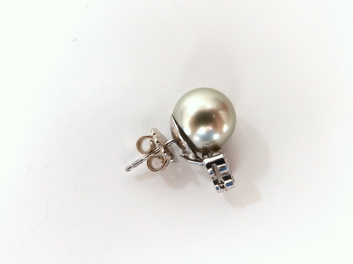 10.2mm pistachio Tahitian Pearls .60ct Diamonds Stud Earrings 14kt Gold *v