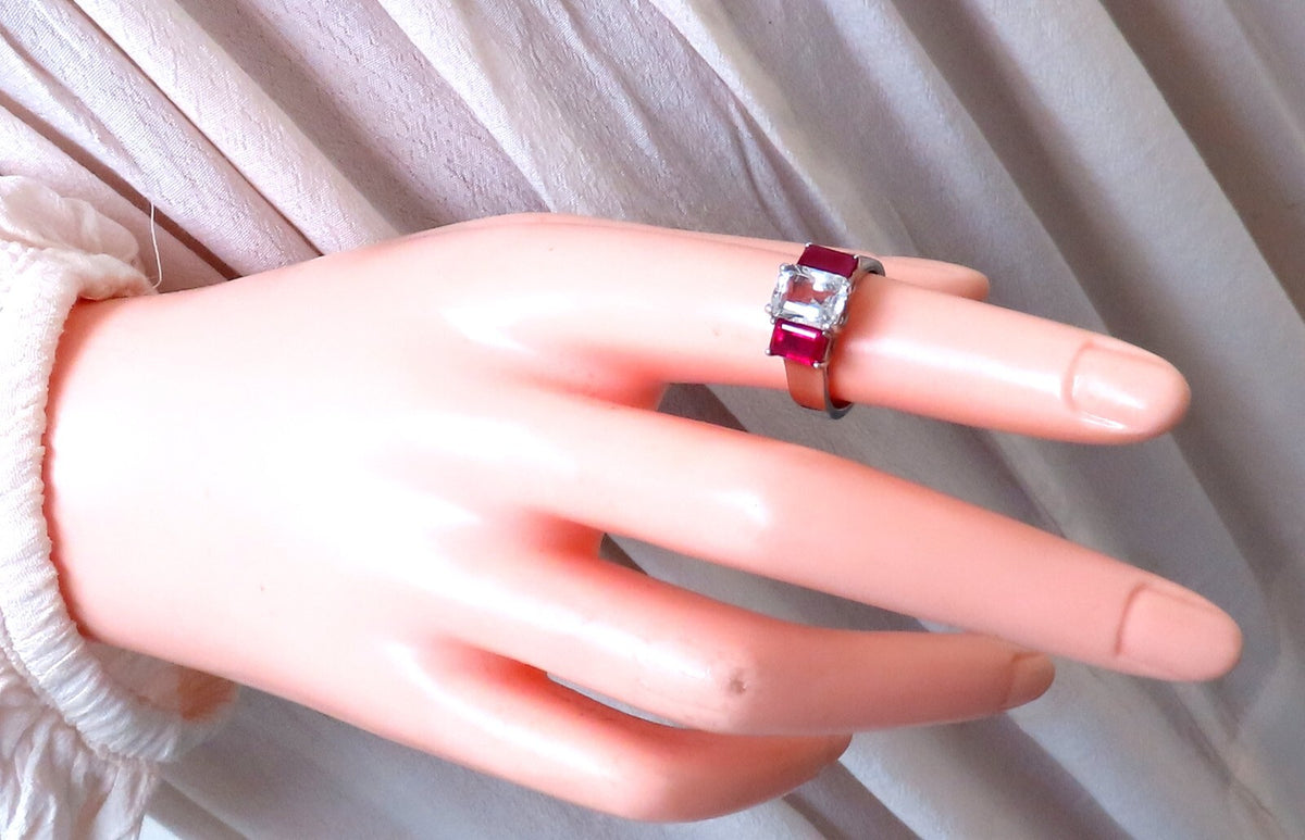 White Natural Sapphire & Ruby Ring Platinum *v