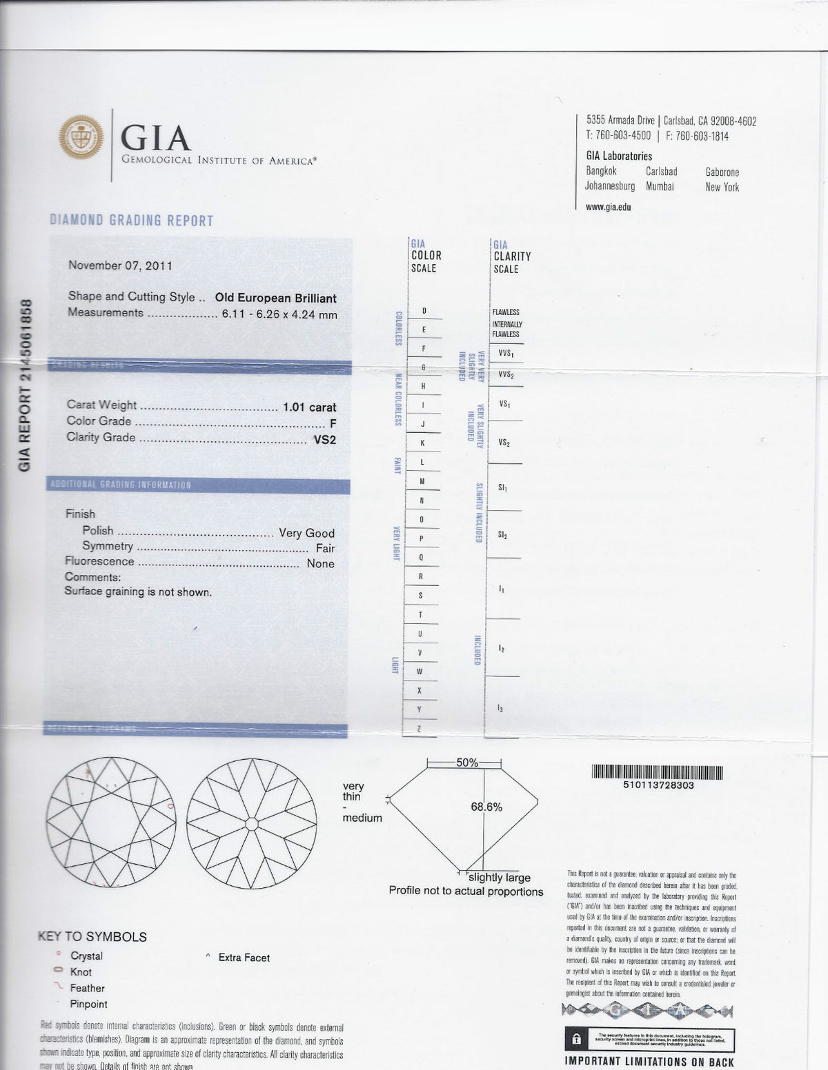 GIA CERTIFIED 1.01CT EUROPEAN CUT NATURAL DIAMOND RING F/VS2 PLATINUM *v