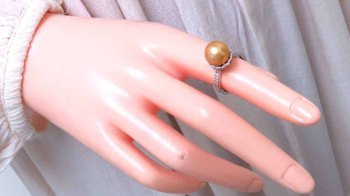 10.3mm Natural Golden South Seas Pearl Diamonds Rings 14kt *v