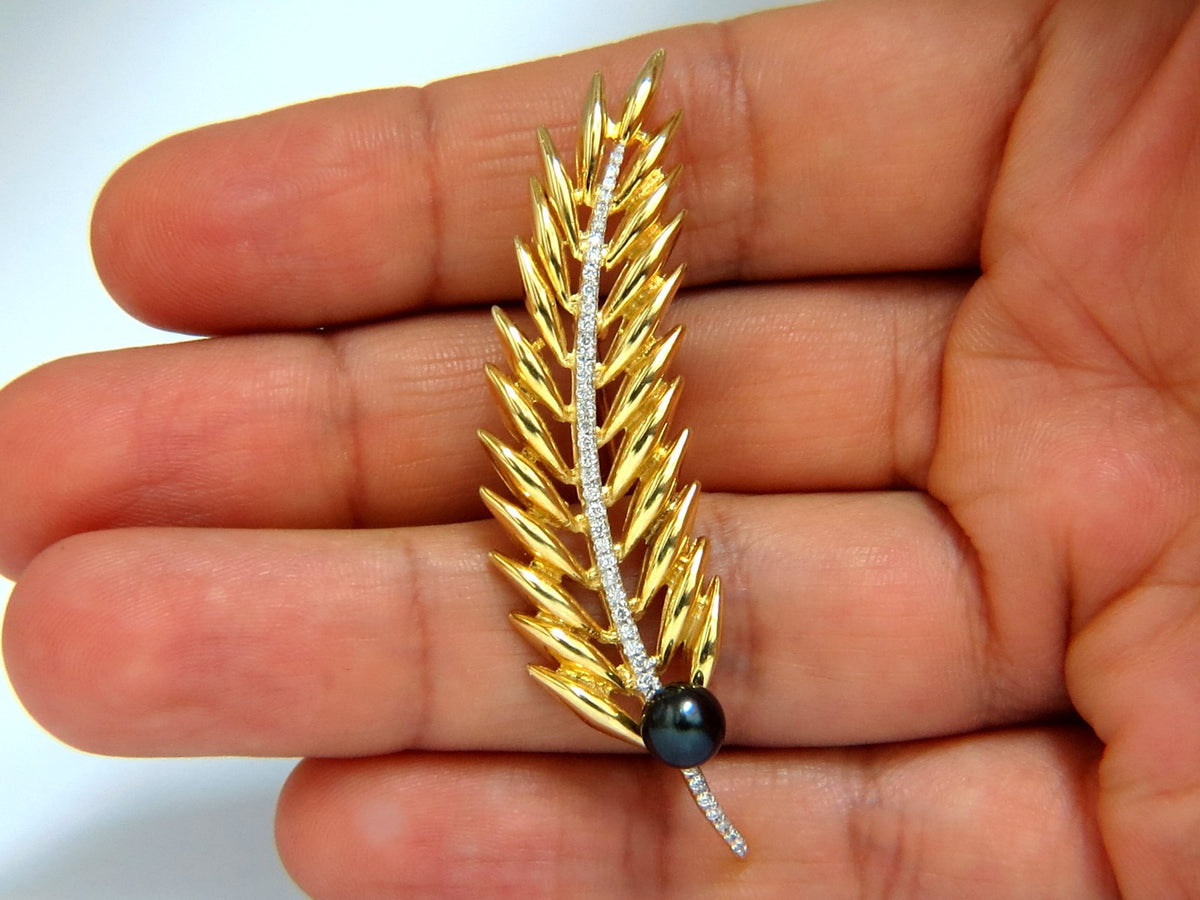 6mm natural Tahitian peacock pearl diamonds brooch leaf foliage vintage 14kt *v