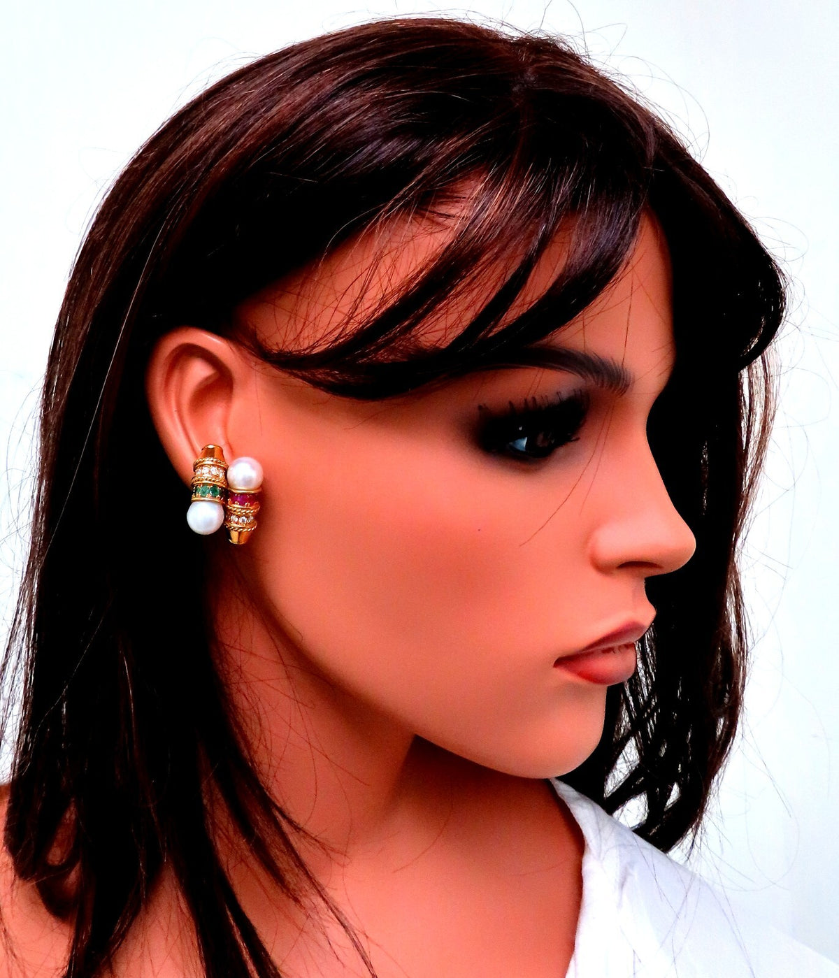 3ct Natural Ruby Emerald Sapphire Pearl clip Earrings 18kt *v