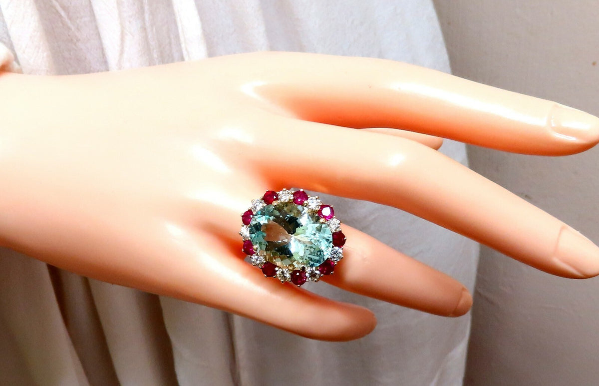 15.34ct Natural Aquamarine Ruby Diamonds Patriot Cluster Cocktail Ring 14kt *v