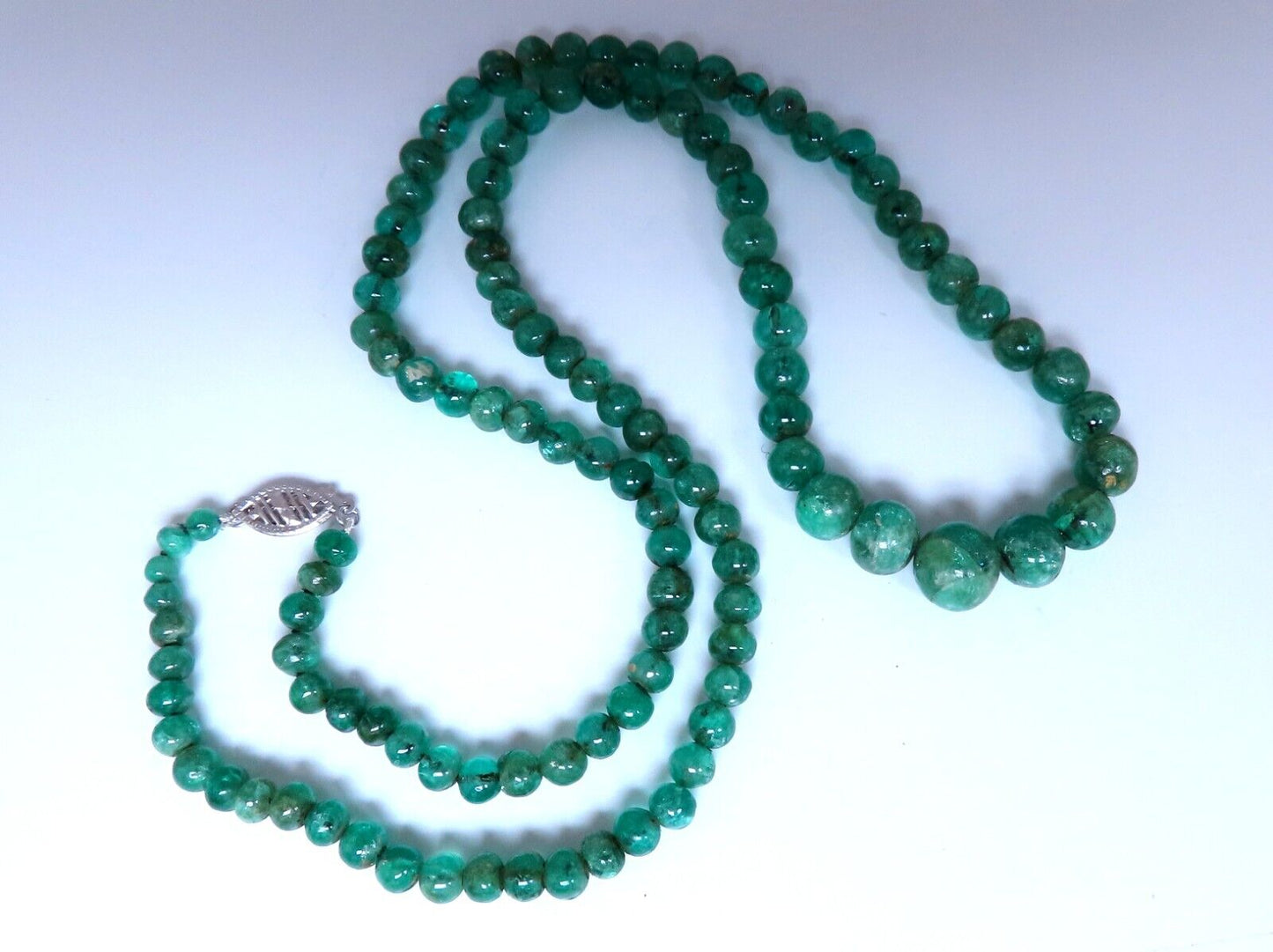 130ct Natural Emerald Beads necklace Graduated Strand 7-4mm 23 inch 14kt gold