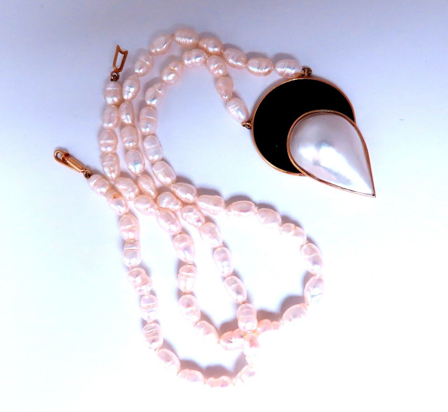 Art Deco Style Onyx Mabe Pearl Necklace 14kt Gold