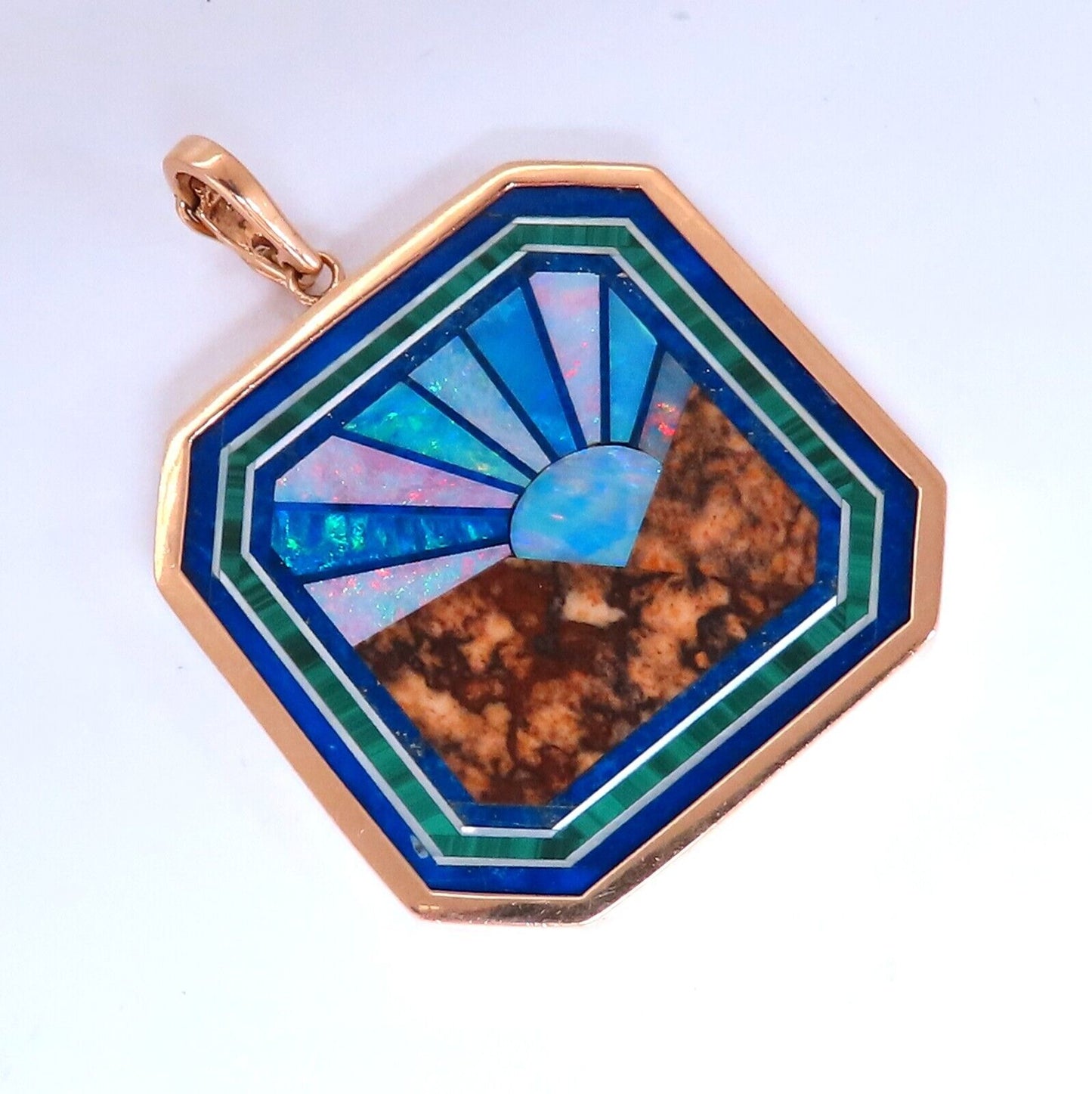 Rising Sun Pietra Dura Inlay Opal Malachite Lapis Pendant 14kt Gold