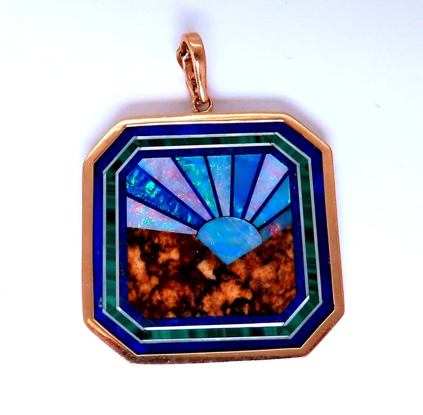 Rising Sun Pietra Dura Inlay Opal Malachite Lapis Pendant 14kt Gold