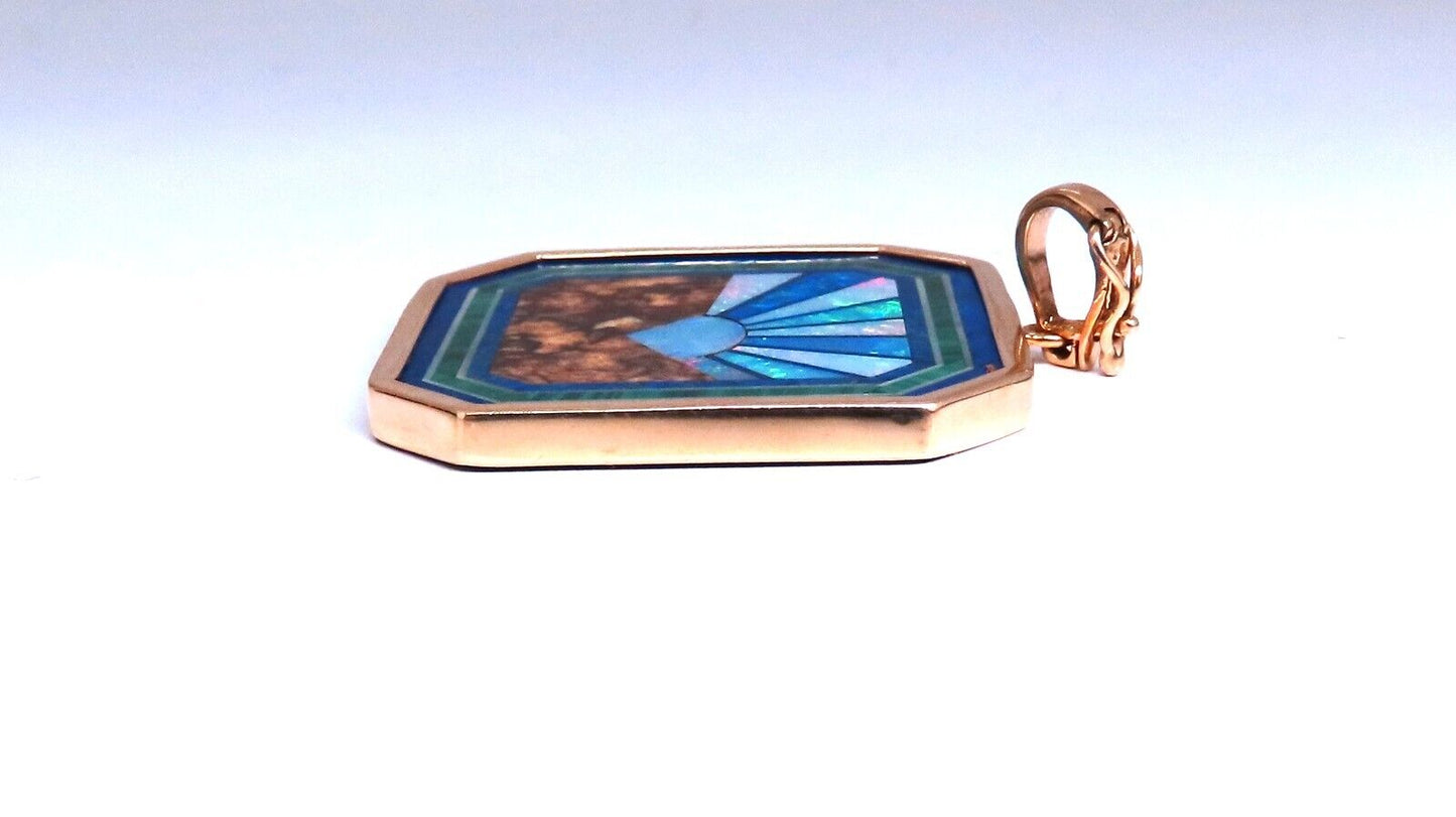 Rising Sun Pietra Dura Inlay Opal Malachite Lapis Pendant 14kt Gold