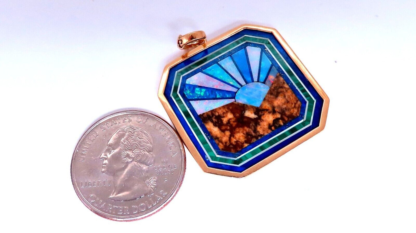 Rising Sun Pietra Dura Inlay Opal Malachite Lapis Pendant 14kt Gold