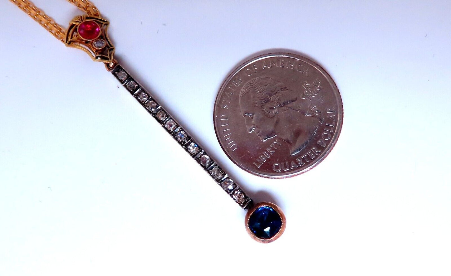 Antique Natural Ruby Sapphire Diamond Bar Necklace 14kt gold