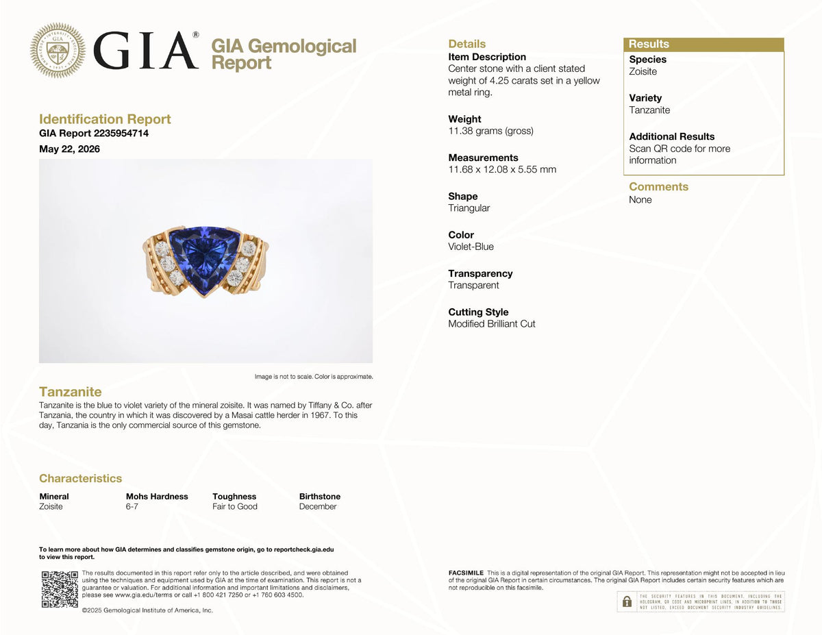 GIA Certified 4.25ct Natural Tanzanite Diamonds Ring 14kt Gold 95576