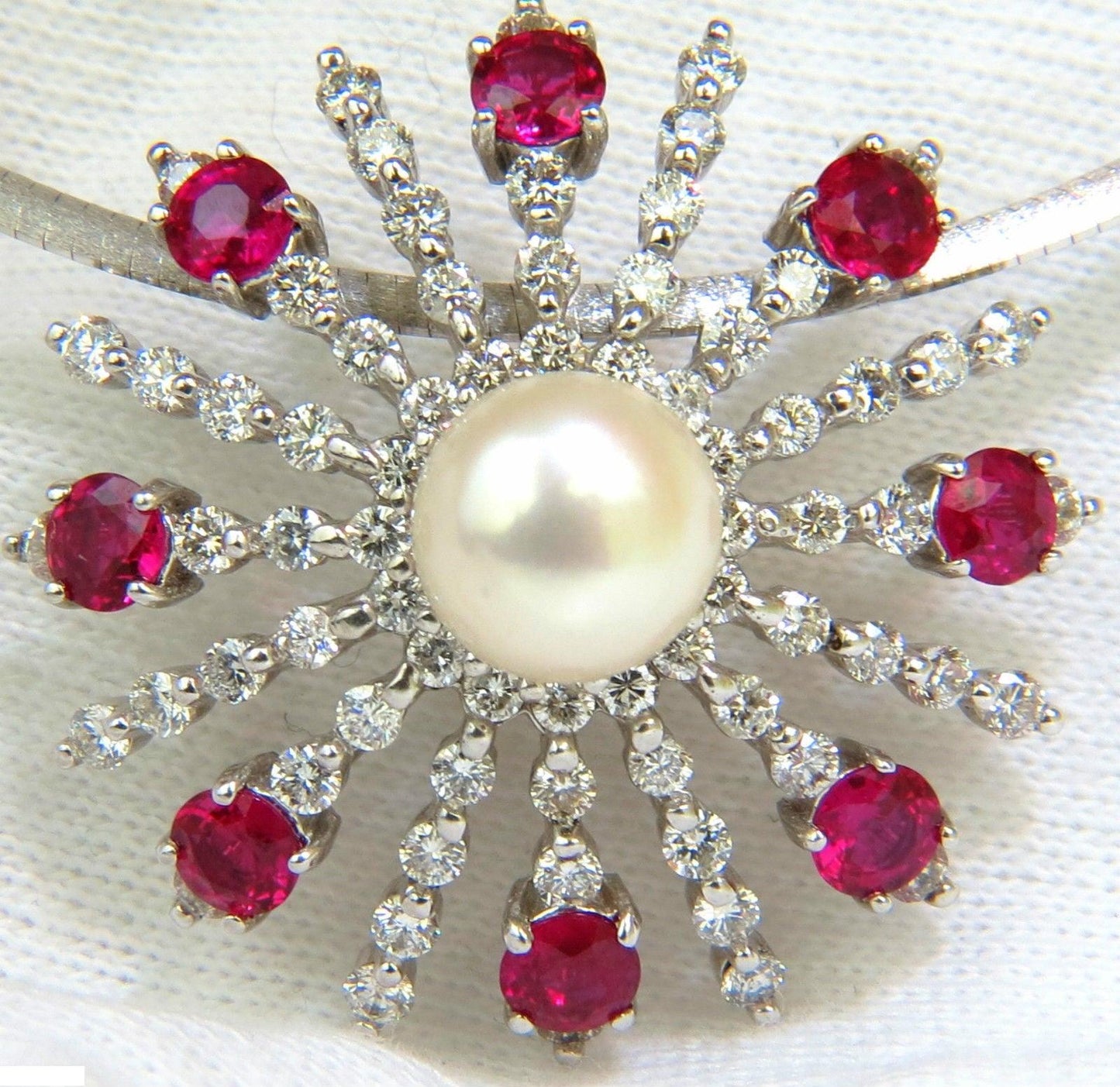 5.75CT NATURAL GEM RUBY DIAMOND 3D STAR BURST PEARL PENDANT 14kt 10043