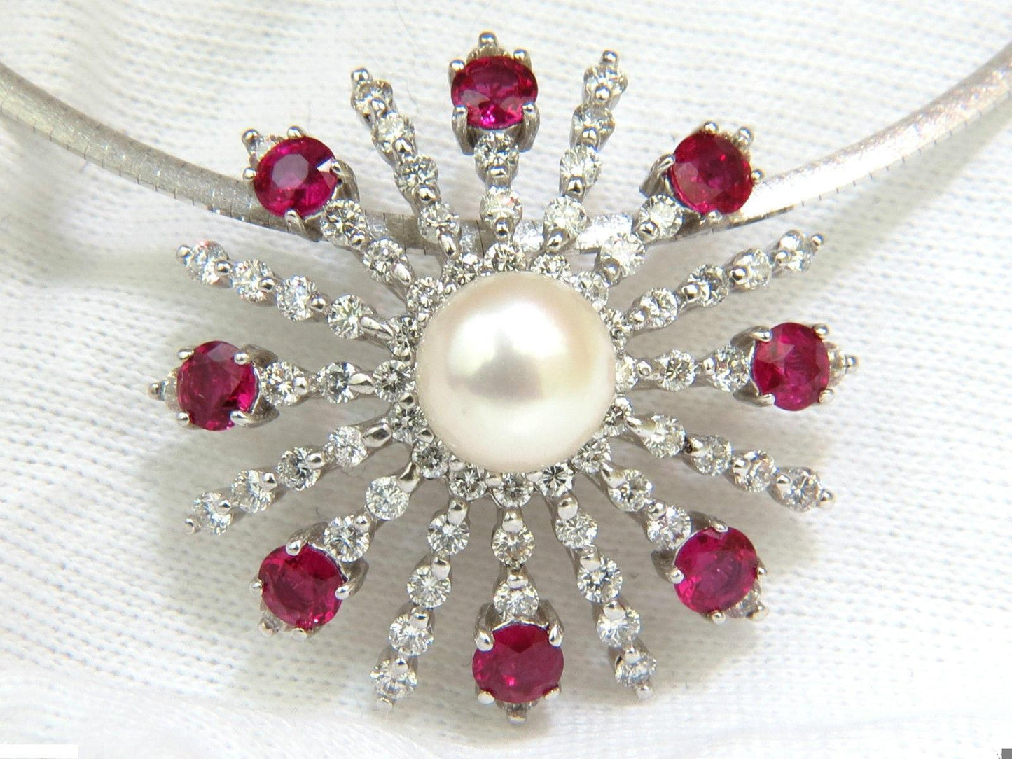 5.75CT NATURAL GEM RUBY DIAMOND 3D STAR BURST PEARL PENDANT 14kt 10043