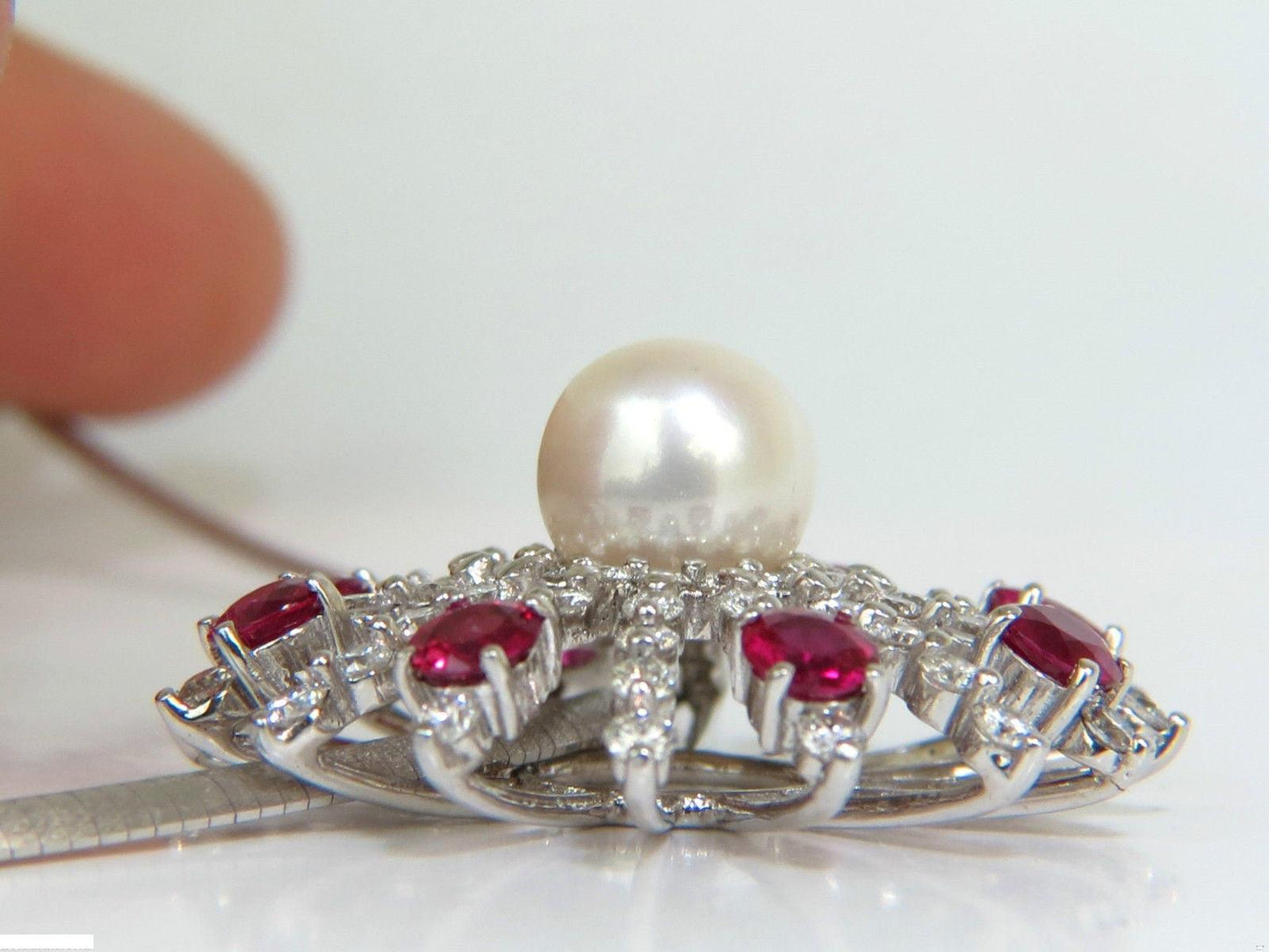 5.75CT NATURAL GEM RUBY DIAMOND 3D STAR BURST PEARL PENDANT 14kt 10043