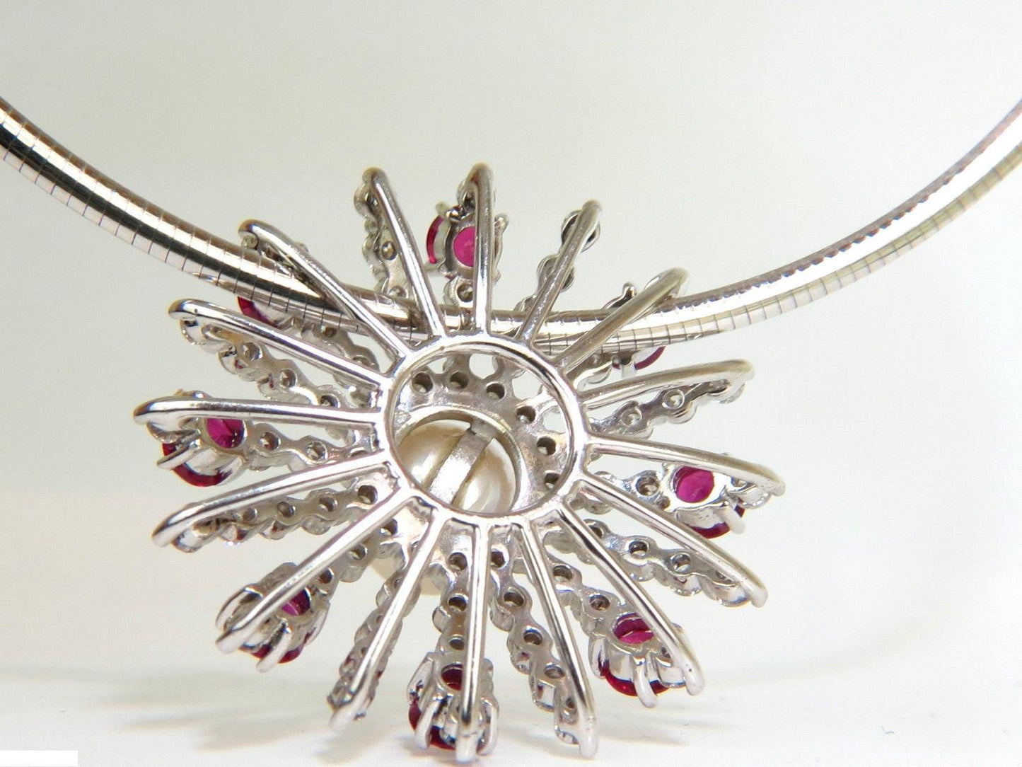 5.75CT NATURAL GEM RUBY DIAMOND 3D STAR BURST PEARL PENDANT 14kt 10043