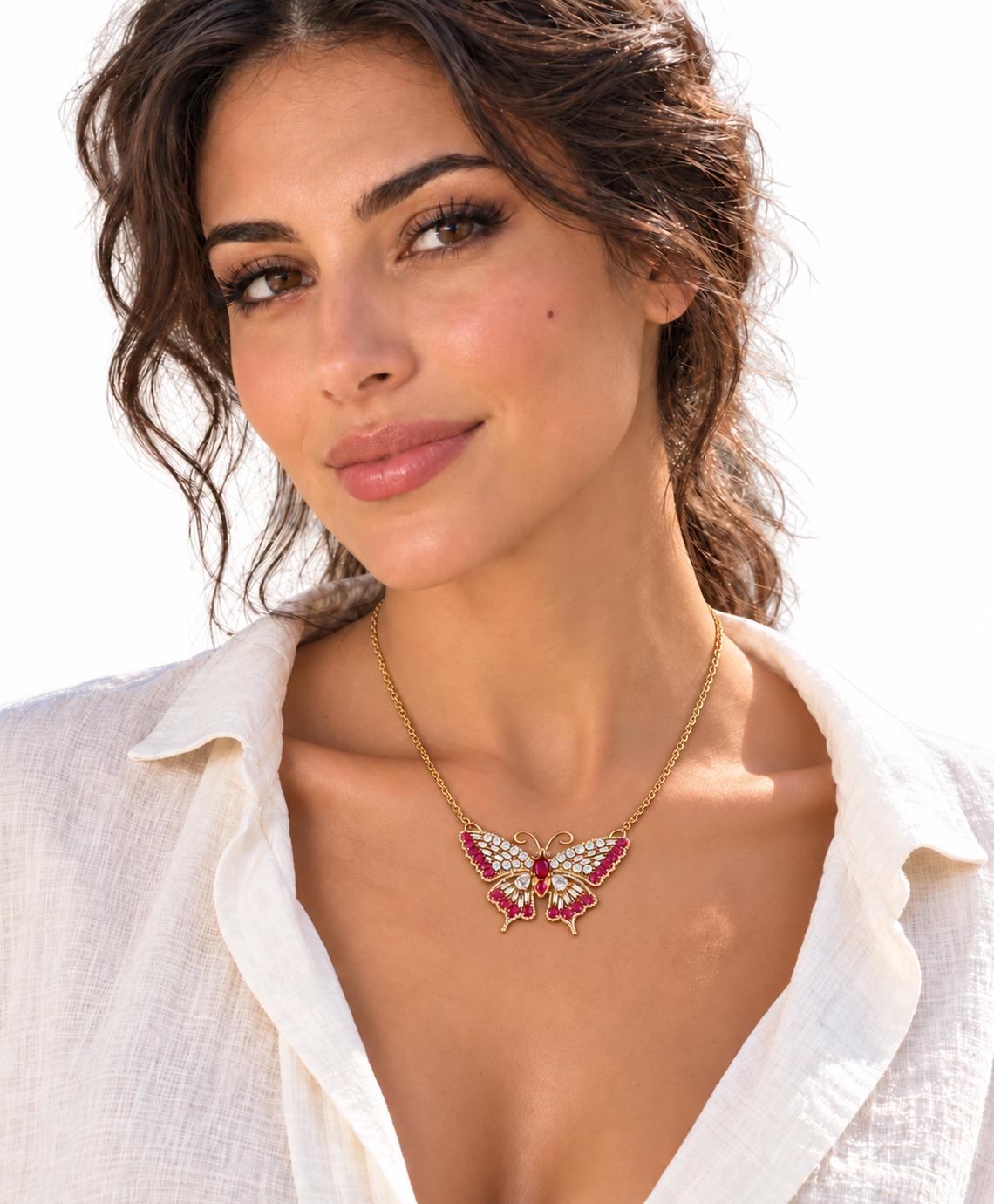 GIA Certified Natural No Heat Ruby Diamonds Butterfly Necklace 18kt Gold 95559