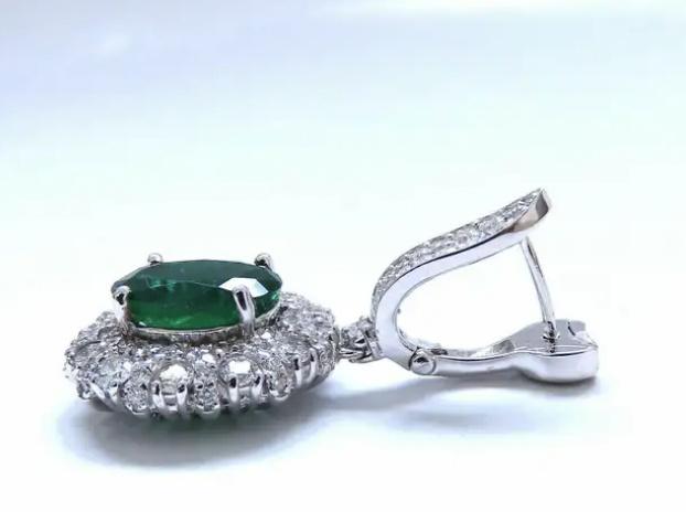 8.35ct Natural Oval Emeralds Diamond Dangle Earrings 18kt Halo Cluster 12643