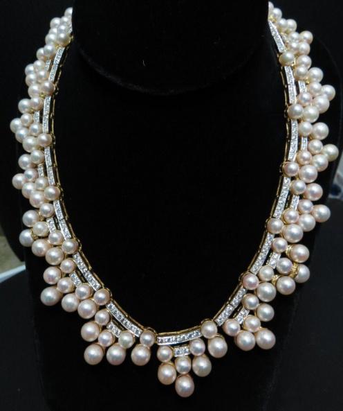 10.00ct Natural Diamonds & Akoya Pearls 18kt Necklace Opera Riviera Deco 12645