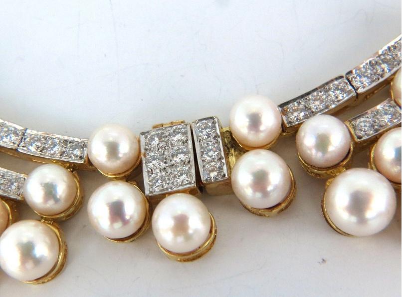 10.00ct Natural Diamonds & Akoya Pearls 18kt Necklace Opera Riviera Deco 12645