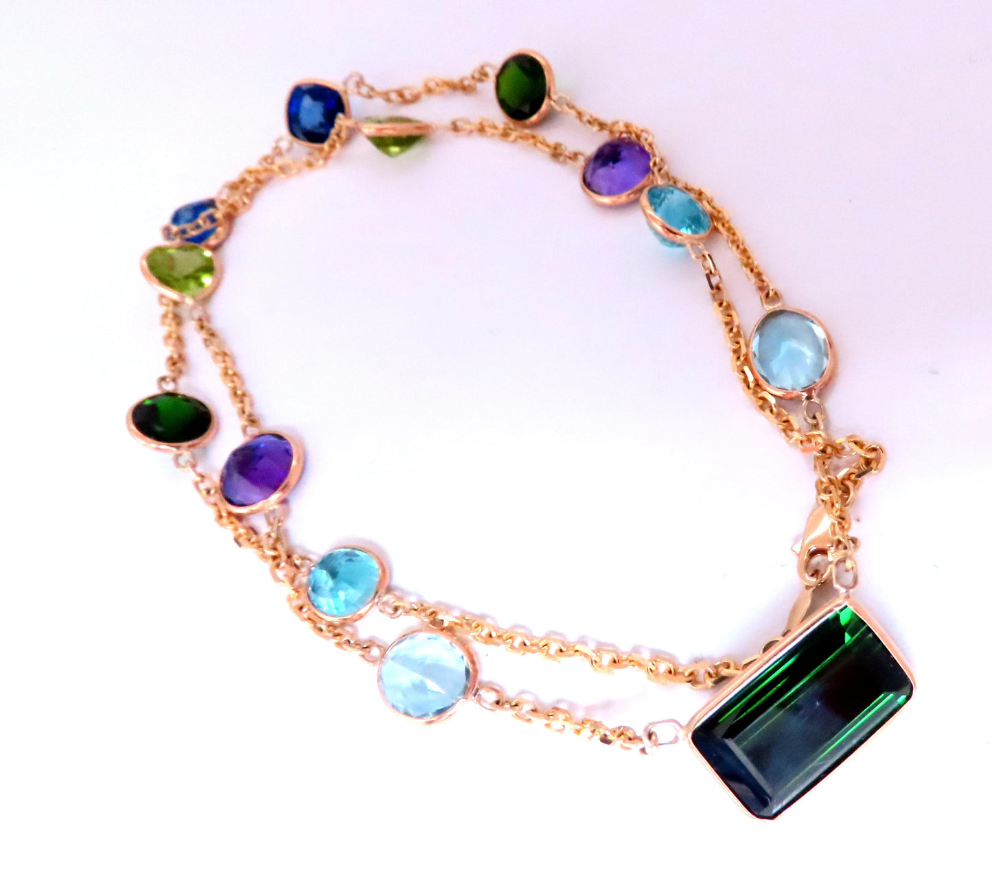 56ct Natural Tourmaline Amethyst Peridot Station Yard Necklace 14kt 12521