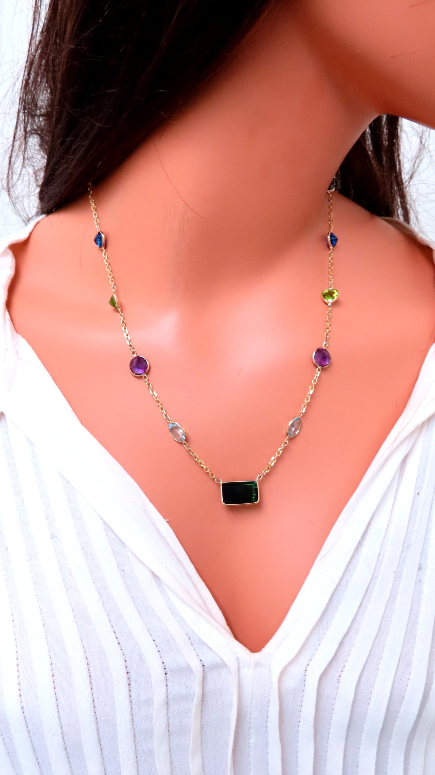 56ct Natural Tourmaline Amethyst Peridot Station Yard Necklace 14kt 12521