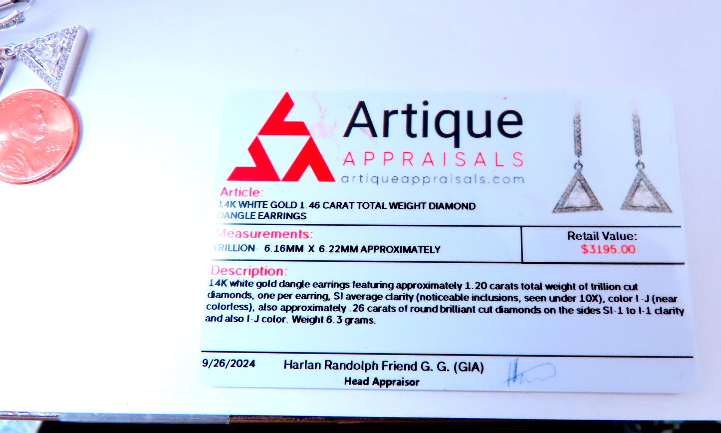 1.20ct Natural Trilliant Cut Diamonds Dangle Halo Earrings 14kt Gold 12640