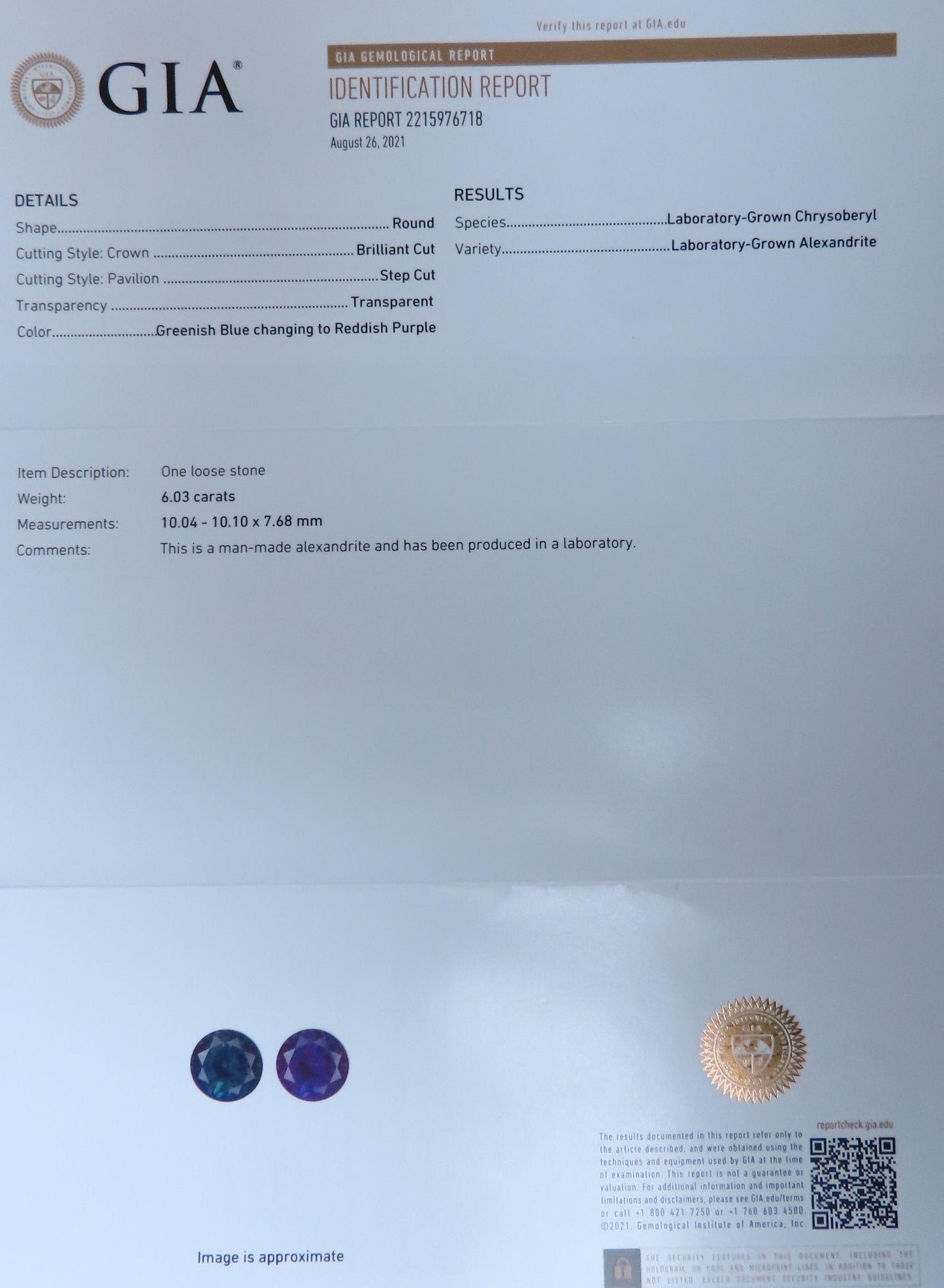 GIA Certified Lab 6.03ct Alexandrite Ring 18kt Color Change 12647